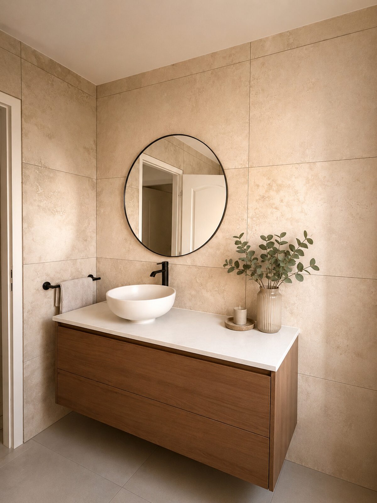 Salle de bain avec meuble vasque bois et miroir rond noir, appartement à Illzach